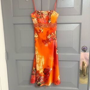 Faviana Couture Vintage Orange Floral Knee Length Strapless Dress Sz 6